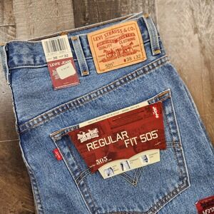 Vintage Y2K Mens Levis 505 Regular Fit size 38x32 Stretch Blue Mid Rise Jeans